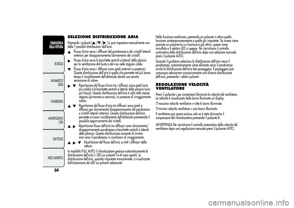 Alfa Romeo MiTo 2013 Libretto Uso Manutenzione (in Italian) SELEZIONE DISTRIBUZIONE ARIAPremendo i pulsanti (
/
/
) si può impostare manualmente una
delle 7 possibili distribuzioni dell’aria:
Flusso d’aria verso i diffusori del parabrezza e dei cristalli Alfa Romeo MiTo 2013 Libretto Uso Manutenzione (in Italian) SELEZIONE DISTRIBUZIONE ARIAPremendo i pulsanti (
/
/
) si può impostare manualmente una
delle 7 possibili distribuzioni dell’aria:
Flusso d’aria verso i diffusori del parabrezza e dei cristalli