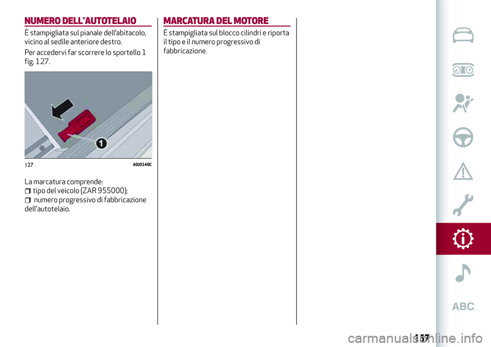 Alfa Romeo MiTo 2018 Libretto Uso Manutenzione (in Italian) NUMERO DELL'AUTOTELAIO
È stampigliata sul pianale dell’abitacolo,
vicino al sedile anteriore destro.
Per accedervi far scorrere lo sportello 1
fig. 127.
La marcatura comprende:
tipo del veicolo Alfa Romeo MiTo 2018 Libretto Uso Manutenzione (in Italian) NUMERO DELL'AUTOTELAIO
È stampigliata sul pianale dell’abitacolo,
vicino al sedile anteriore destro.
Per accedervi far scorrere lo sportello 1
fig. 127.
La marcatura comprende:
tipo del veicolo