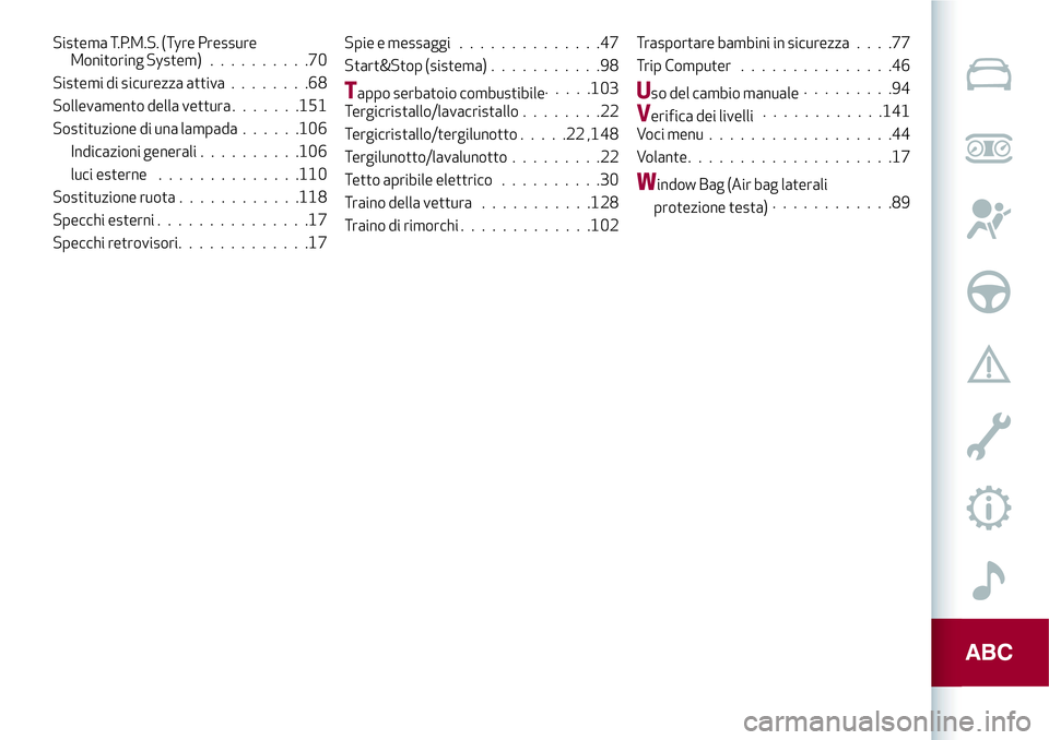 Alfa Romeo MiTo 2019  Libretto Uso Manutenzione (in Italian) Sistema T.P.M.S. (Tyre Pressure
Monitoring System)..........70
Sistemi di sicurezza attiva........68
Sollevamento della vettura.......151
Sostituzione di una lampada......106
Indicazioni generali.....