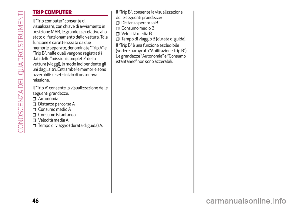 Alfa Romeo MiTo 2020 Libretto Uso Manutenzione (in Italian) TRIP COMPUTER
Il “Trip computer” consente di
visualizzare, con chiave di avviamento in
posizione MAR, le grandezze relative allo
stato di funzionamento della vettura. Tale
funzione è caratterizza Alfa Romeo MiTo 2020 Libretto Uso Manutenzione (in Italian) TRIP COMPUTER
Il “Trip computer” consente di
visualizzare, con chiave di avviamento in
posizione MAR, le grandezze relative allo
stato di funzionamento della vettura. Tale
funzione è caratterizza