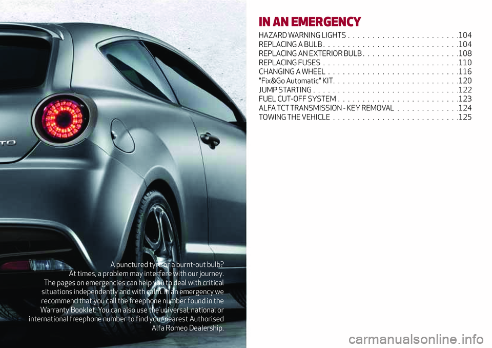 Alfa Romeo MiTo 2008  Owner handbook (in English) A punctured tyre or a burnt-out bulb?
At times, a problem may interfere with our journey.
The pages on emergencies can help you to deal with critical
situations independently and with calm. In an emer