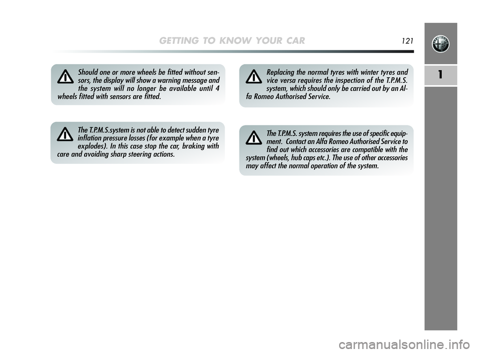 Alfa Romeo MiTo 2009 Owner handbook (in English) GETTING TO KNOW YOUR CAR121
1Should one or more wheels be fitted without sen-
sors, the display will show a warning message and
the system will no longer be available until 4
wheels fitted with sensor Alfa Romeo MiTo 2009 Owner handbook (in English) GETTING TO KNOW YOUR CAR121
1Should one or more wheels be fitted without sen-
sors, the display will show a warning message and
the system will no longer be available until 4
wheels fitted with sensor