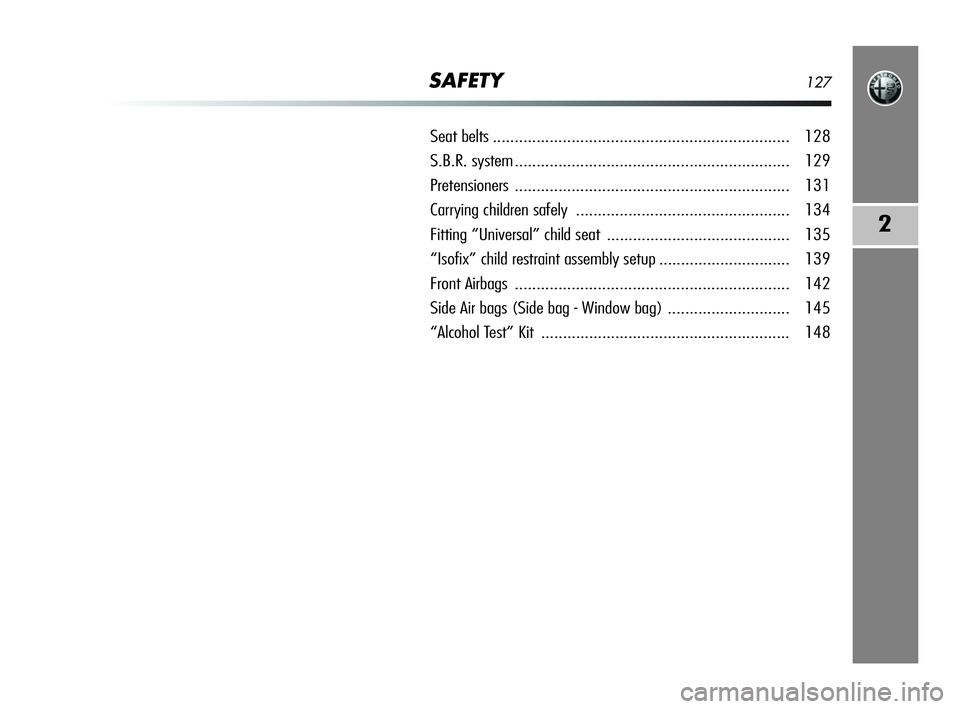 Alfa Romeo MiTo 2009  Owner handbook (in English) SAFETY127
2
Seat belts.................................................................... 128
S.B.R. system............................................................... 129
Pretensioners...........