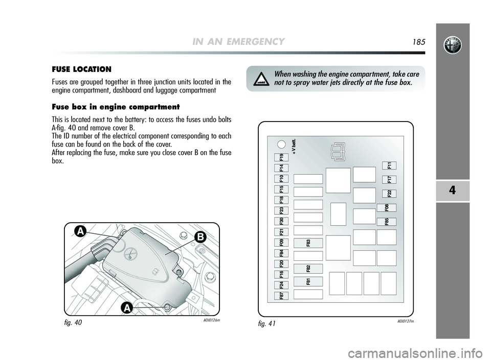 Alfa Romeo MiTo 2009 Owner handbook (in English) IN AN EMERGENCY185
4
fig. 41A0J0127m
When washing the engine compartment, take care
not to spray water jets directly at the fuse box.FUSE LOCATION
Fuses are grouped together in three junction units lo Alfa Romeo MiTo 2009 Owner handbook (in English) IN AN EMERGENCY185
4
fig. 41A0J0127m
When washing the engine compartment, take care
not to spray water jets directly at the fuse box.FUSE LOCATION
Fuses are grouped together in three junction units lo