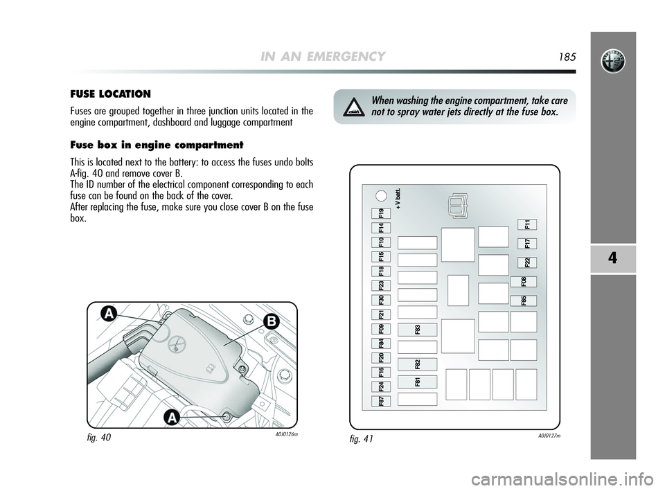 Alfa Romeo MiTo 2009  Owner handbook (in English) IN AN EMERGENCY185
4
fig. 41A0J0127m
When washing the engine compartment, take care
not to spray water jets directly at the fuse box.FUSE LOCATION
Fuses are grouped together in three junction units lo