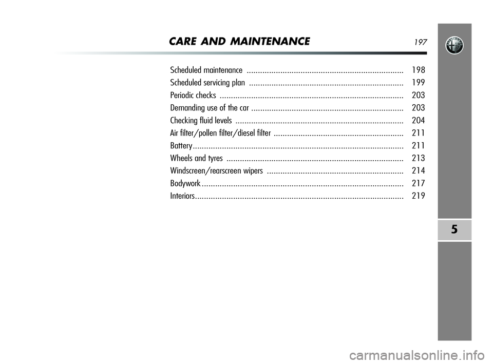 Alfa Romeo MiTo 2009 Owner handbook (in English) CARE AND MAINTENANCE197
5
Scheduled maintenance ...................................................................... 198
Scheduled servicing plan .................................................... Alfa Romeo MiTo 2009 Owner handbook (in English) CARE AND MAINTENANCE197
5
Scheduled maintenance ...................................................................... 198
Scheduled servicing plan ....................................................