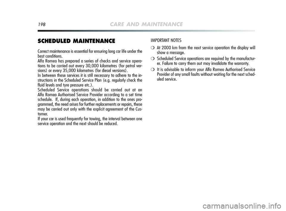 Alfa Romeo MiTo 2009 Owner handbook (in English) 198CARE AND MAINTENANCE
SCHEDULED MAINTENANCE
Correct maintenance is essential for ensuring long car life under the
best conditions.
Alfa Romeo has prepared a series of checks and service opera-
tions Alfa Romeo MiTo 2009 Owner handbook (in English) 198CARE AND MAINTENANCE
SCHEDULED MAINTENANCE
Correct maintenance is essential for ensuring long car life under the
best conditions.
Alfa Romeo has prepared a series of checks and service opera-
tions