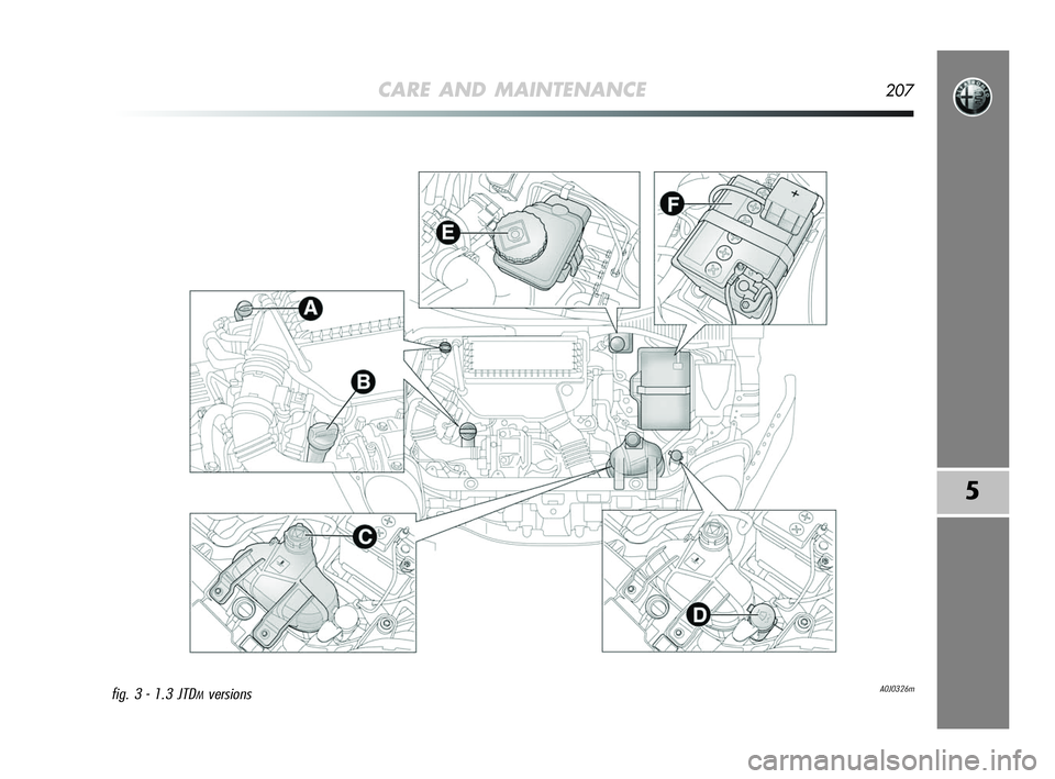 Alfa Romeo MiTo 2009 Owner handbook (in English) CARE AND MAINTENANCE207
5
A0J0326mfig. 3 - 1.3 JTDMversions
197-220 Alfa MiTo GB 12-11-2008 15:42 Pagina 207 Alfa Romeo MiTo 2009 Owner handbook (in English) CARE AND MAINTENANCE207
5
A0J0326mfig. 3 - 1.3 JTDMversions
197-220 Alfa MiTo GB 12-11-2008 15:42 Pagina 207