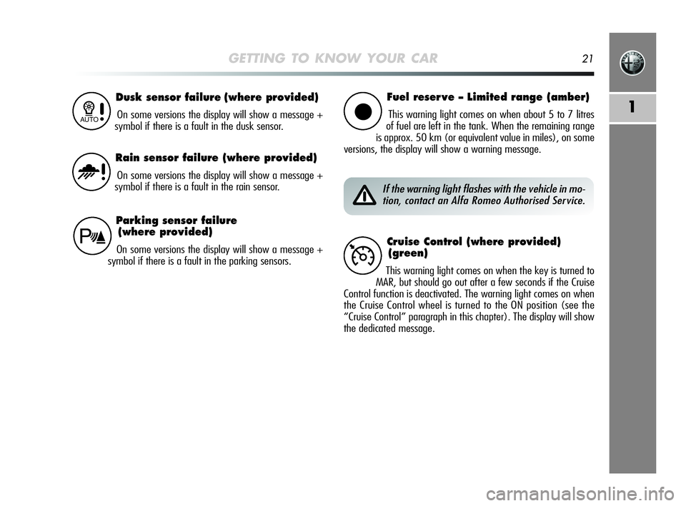 Alfa Romeo MiTo 2009 Owner handbook (in English) GETTING TO KNOW YOUR CAR21
1
Dusk sensor failure (where provided)
On some versions the display will show a message +
symbol if there is a fault in the dusk sensor.1
Fuel reser ve – Limited range (am Alfa Romeo MiTo 2009 Owner handbook (in English) GETTING TO KNOW YOUR CAR21
1
Dusk sensor failure (where provided)
On some versions the display will show a message +
symbol if there is a fault in the dusk sensor.1
Fuel reser ve – Limited range (am