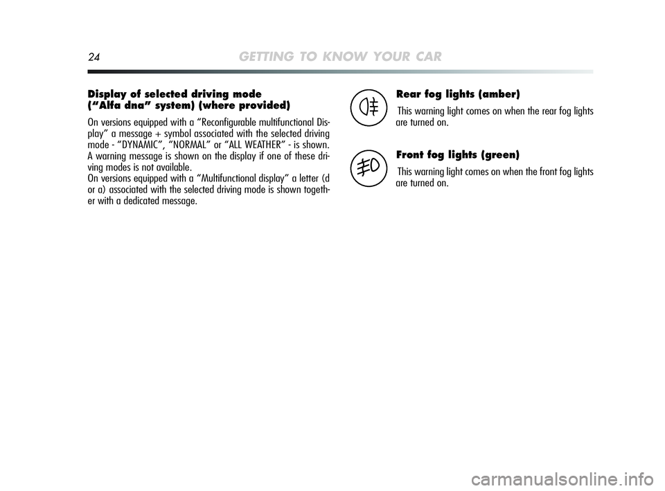 Alfa Romeo MiTo 2009 Owner handbook (in English) 24GETTING TO KNOW YOUR CAR
Display of selected driving mode
(“Alfa dna” system) (where provided)
On versions equipped with a “Reconfigurable multifunctional Dis-
play” a message + symbol assoc Alfa Romeo MiTo 2009 Owner handbook (in English) 24GETTING TO KNOW YOUR CAR
Display of selected driving mode
(“Alfa dna” system) (where provided)
On versions equipped with a “Reconfigurable multifunctional Dis-
play” a message + symbol assoc