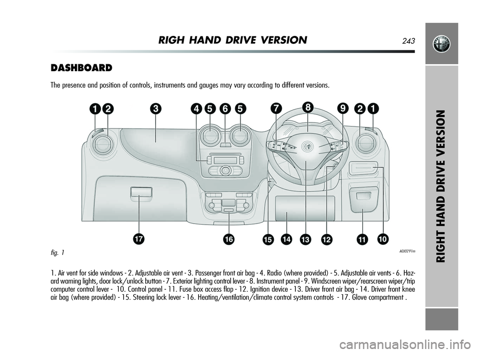 Alfa Romeo MiTo 2009  Owner handbook (in English) RIGH HAND DRIVE VERSION243
RIGHT HAND DRIVE VERSION
DASHBOARD
The presence and position of controls, instruments and gauges may vary according to different versions.
1. Air vent for side windows - 2. 