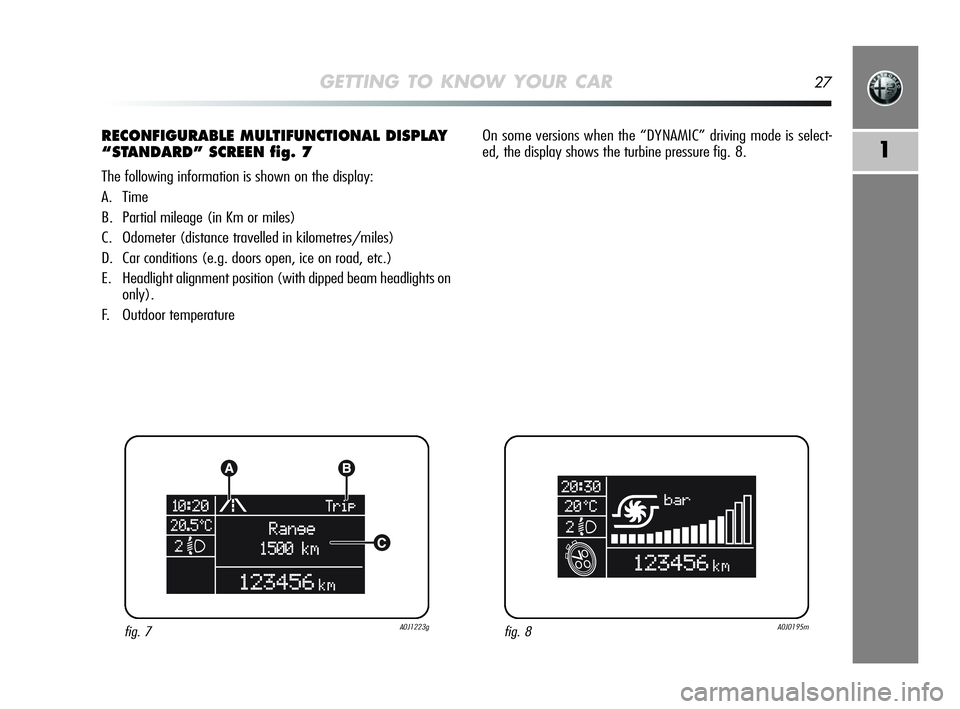 Alfa Romeo MiTo 2009 Owner handbook (in English) GETTING TO KNOW YOUR CAR27
1
RECONFIGURABLE MULTIFUNCTIONAL DISPLAY
“STANDARD” SCREEN fig. 7
The following information is shown on the display:
A. Time
B. Partial mileage (in Km or miles)
C. Odome Alfa Romeo MiTo 2009 Owner handbook (in English) GETTING TO KNOW YOUR CAR27
1
RECONFIGURABLE MULTIFUNCTIONAL DISPLAY
“STANDARD” SCREEN fig. 7
The following information is shown on the display:
A. Time
B. Partial mileage (in Km or miles)
C. Odome