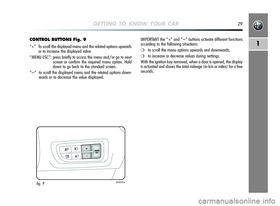 Alfa Romeo MiTo 2009  Owner handbook (in English) GETTING TO KNOW YOUR CAR29
1
CONTROL BUTTONS Fig. 9
“+”  To scroll the displayed menu and the related options upwards
or to increase the displayed value
“MENU ESC”: press briefly to access the