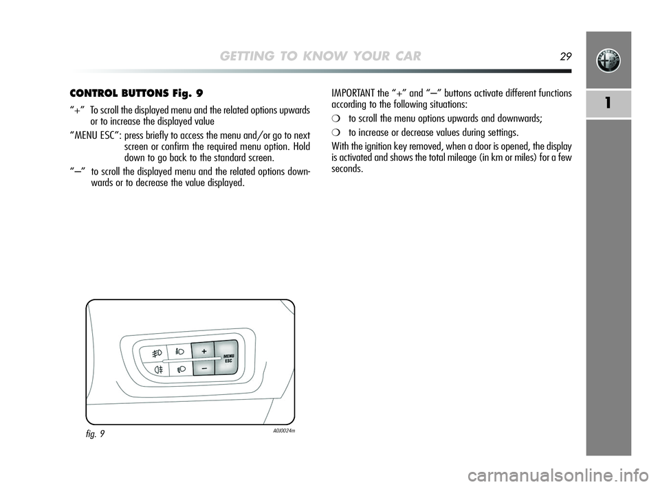 Alfa Romeo MiTo 2009 Owner handbook (in English) GETTING TO KNOW YOUR CAR29
1
CONTROL BUTTONS Fig. 9
“+” To scroll the displayed menu and the related options upwards
or to increase the displayed value
“MENU ESC”: press briefly to access the Alfa Romeo MiTo 2009 Owner handbook (in English) GETTING TO KNOW YOUR CAR29
1
CONTROL BUTTONS Fig. 9
“+” To scroll the displayed menu and the related options upwards
or to increase the displayed value
“MENU ESC”: press briefly to access the