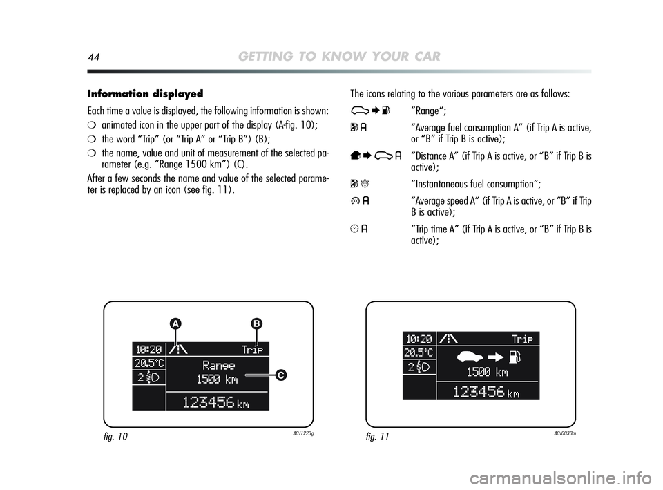Alfa Romeo MiTo 2009 Owner handbook (in English) 44GETTING TO KNOW YOUR CAR
Information displayed
Each time a value is displayed, the following information is shown:
❍animated icon in the upper part of the display (A-fig. 10);
❍the word “Trip Alfa Romeo MiTo 2009 Owner handbook (in English) 44GETTING TO KNOW YOUR CAR
Information displayed
Each time a value is displayed, the following information is shown:
❍animated icon in the upper part of the display (A-fig. 10);
❍the word “Trip
