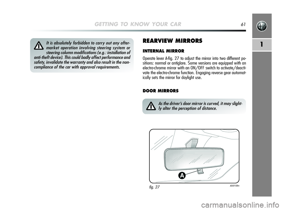 Alfa Romeo MiTo 2009  Owner handbook (in English) GETTING TO KNOW YOUR CAR61
1REARVIEW MIRRORS
INTERNAL MIRROR
Operate lever A-fig. 27 to adjust the mirror into two different po-
sitions: normal or antiglare. Some versions are equipped with an
electr