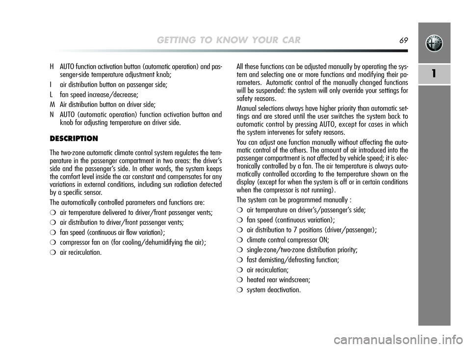 Alfa Romeo MiTo 2009 Owner handbook (in English) GETTING TO KNOW YOUR CAR69
1
All these functions can be adjusted manually by operating the sys-
tem and selecting one or more functions and modifying their pa-
rameters. Automatic control of the manu Alfa Romeo MiTo 2009 Owner handbook (in English) GETTING TO KNOW YOUR CAR69
1
All these functions can be adjusted manually by operating the sys-
tem and selecting one or more functions and modifying their pa-
rameters. Automatic control of the manu