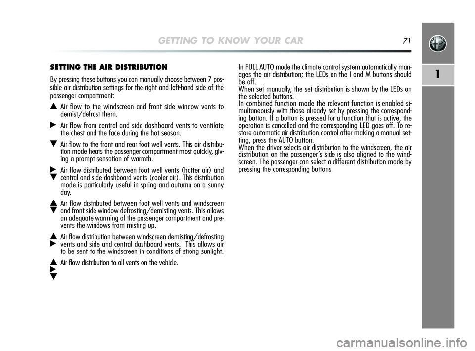 Alfa Romeo MiTo 2009 Owner handbook (in English) GETTING TO KNOW YOUR CAR71
1
In FULL AUTO mode the climate control system automatically man-
ages the air distribution; the LEDs on the I and M buttons should
be off.
When set manually, the set distri Alfa Romeo MiTo 2009 Owner handbook (in English) GETTING TO KNOW YOUR CAR71
1
In FULL AUTO mode the climate control system automatically man-
ages the air distribution; the LEDs on the I and M buttons should
be off.
When set manually, the set distri