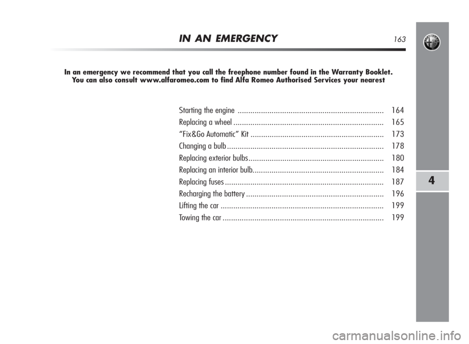 Alfa Romeo MiTo 2010  Owner handbook (in English) IN AN EMERGENCY163
4
In an emergency we recommend that you call the freephone number found in the Warranty Booklet.
You can also consult www.alfaromeo.com to find Alfa Romeo Authorised Services your n