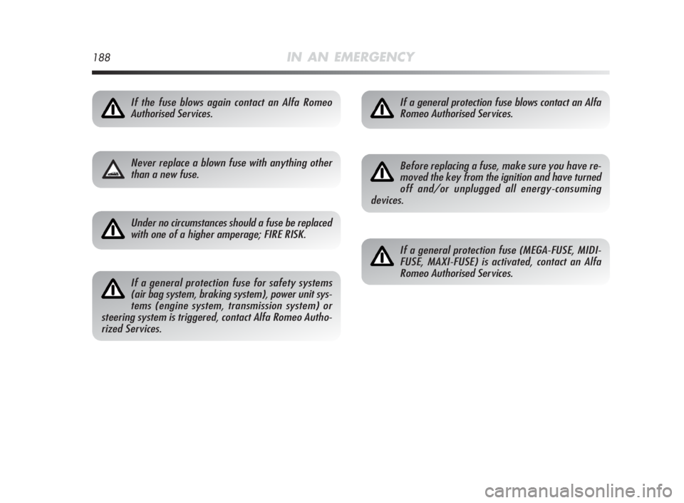 Alfa Romeo MiTo 2010  Owner handbook (in English) 188IN AN EMERGENCY
If the fuse blows again contact an Alfa Romeo
Authorised Services.
Never replace a blown fuse with anything other
than a new fuse.
Under no circumstances should a fuse be replaced
w