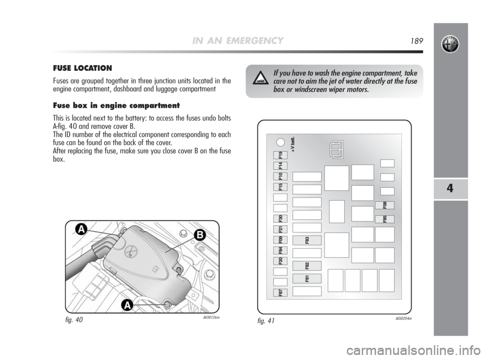 Alfa Romeo MiTo 2010 Owner handbook (in English) IN AN EMERGENCY189
4
fig. 41A0J0204m
If you have to wash the engine compartment, take
care not to aim the jet of water directly at the fuse
box or windscreen wiper motors.FUSELOCAT ION
Fuses are group Alfa Romeo MiTo 2010 Owner handbook (in English) IN AN EMERGENCY189
4
fig. 41A0J0204m
If you have to wash the engine compartment, take
care not to aim the jet of water directly at the fuse
box or windscreen wiper motors.FUSELOCAT ION
Fuses are group
