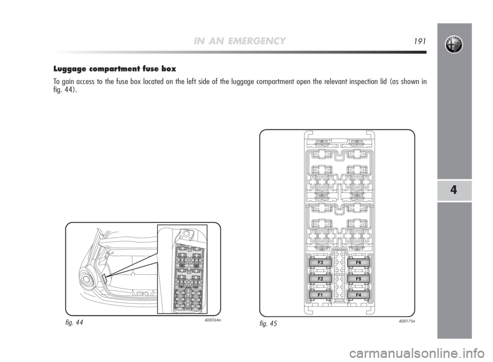 Alfa Romeo MiTo 2010 Owner handbook (in English) IN AN EMERGENCY191
4
Luggagecompartmentfusebox
To gain access to the fuse box located on the left side of the luggage compartment open the relevant inspection lid (as shown in
fig. 44).
fig. 45A0J0175 Alfa Romeo MiTo 2010 Owner handbook (in English) IN AN EMERGENCY191
4
Luggagecompartmentfusebox
To gain access to the fuse box located on the left side of the luggage compartment open the relevant inspection lid (as shown in
fig. 44).
fig. 45A0J0175