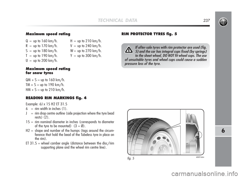 Alfa Romeo MiTo 2010  Owner handbook (in English) Maximum speed rating
Q = up to 160 km/h. H = up to 210 km/h.
R = up to 170 km/h. V = up to 240 km/h.
S = up to 180 km/h. W = up to 270 km/h.
T = up to 190 km/h. Y = up to 300 km/h.
U = up to 200 km/h.