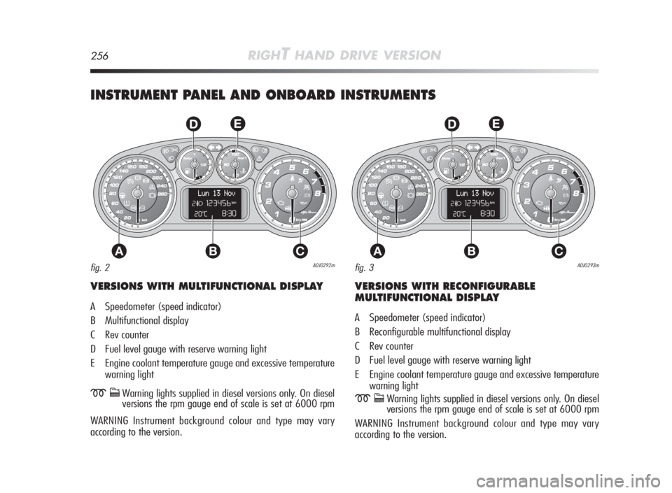 Alfa Romeo MiTo 2010 Owner handbook (in English) 256RIGHTHAND DRIVE VERSION
INSTRUMENT PANEL AND ONBOARD INSTRUMENTS
AC
DE
B
VERSIONS WITH MULTIFUNCTIONAL DISPLAY
A Speedometer (speed indicator)
B Multifunctional display
C Rev counter
D Fuel level g Alfa Romeo MiTo 2010 Owner handbook (in English) 256RIGHTHAND DRIVE VERSION
INSTRUMENT PANEL AND ONBOARD INSTRUMENTS
AC
DE
B
VERSIONS WITH MULTIFUNCTIONAL DISPLAY
A Speedometer (speed indicator)
B Multifunctional display
C Rev counter
D Fuel level g