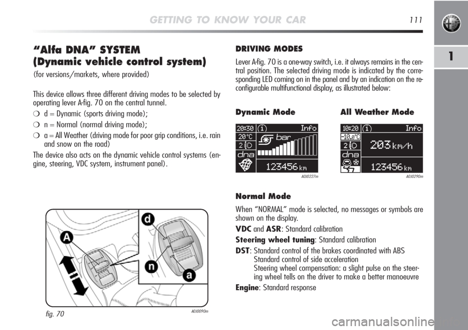 Alfa Romeo MiTo 2012 Owner handbook (in English) GETTING TO KNOW YOUR CAR111
1“Alfa DNA” SYSTEM
(Dynamic vehicle control system)
(for versions/markets, where provided)
This device allows three different driving modes to be selected by
operating Alfa Romeo MiTo 2012 Owner handbook (in English) GETTING TO KNOW YOUR CAR111
1“Alfa DNA” SYSTEM
(Dynamic vehicle control system)
(for versions/markets, where provided)
This device allows three different driving modes to be selected by
operating