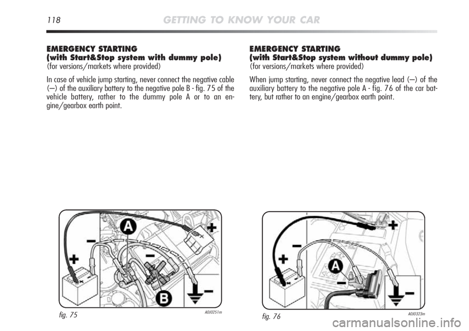 Alfa Romeo MiTo 2012  Owner handbook (in English) 118GETTING TO KNOW YOUR CAR
EMERGENCY STARTING
(with Start&Stop system with dummy pole)
(for versions/markets where provided)
In case of vehicle jump starting, never connect the negative cable
(–) o