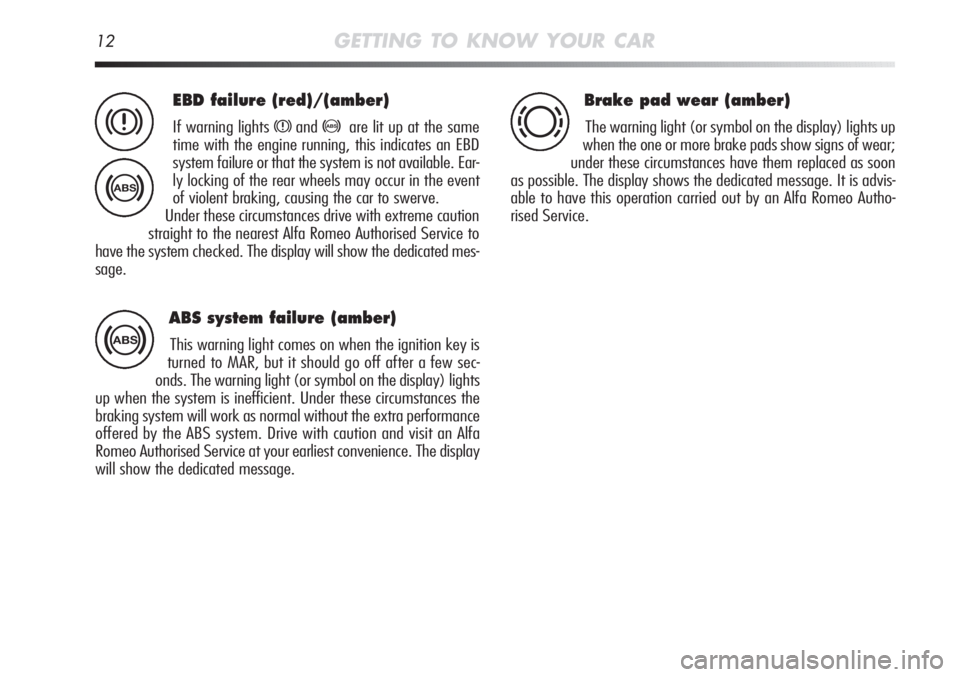 Alfa Romeo MiTo 2012 Owner handbook (in English) 12GETTING TO KNOW YOUR CAR
EBD failure (red)/(amber)
If warning lights xand>are lit up at the same
time with the engine running, this indicates an EBD
system failure or that the system is not availabl Alfa Romeo MiTo 2012 Owner handbook (in English) 12GETTING TO KNOW YOUR CAR
EBD failure (red)/(amber)
If warning lights xand>are lit up at the same
time with the engine running, this indicates an EBD
system failure or that the system is not availabl