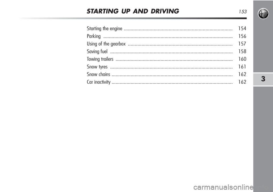 Alfa Romeo MiTo 2012  Owner handbook (in English) STARTING UP AND DRIVING153
3
Starting the engine................................................................................ 154
Parking ...........................................................