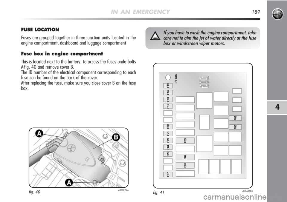 Alfa Romeo MiTo 2012  Owner handbook (in English) IN AN EMERGENCY189
4
fig. 41A0J0204m
If you have to wash the engine compartment, take
care not to aim the jet of water directly at the fuse
box or windscreen wiper motors.FUSE LOCATION
Fuses are group