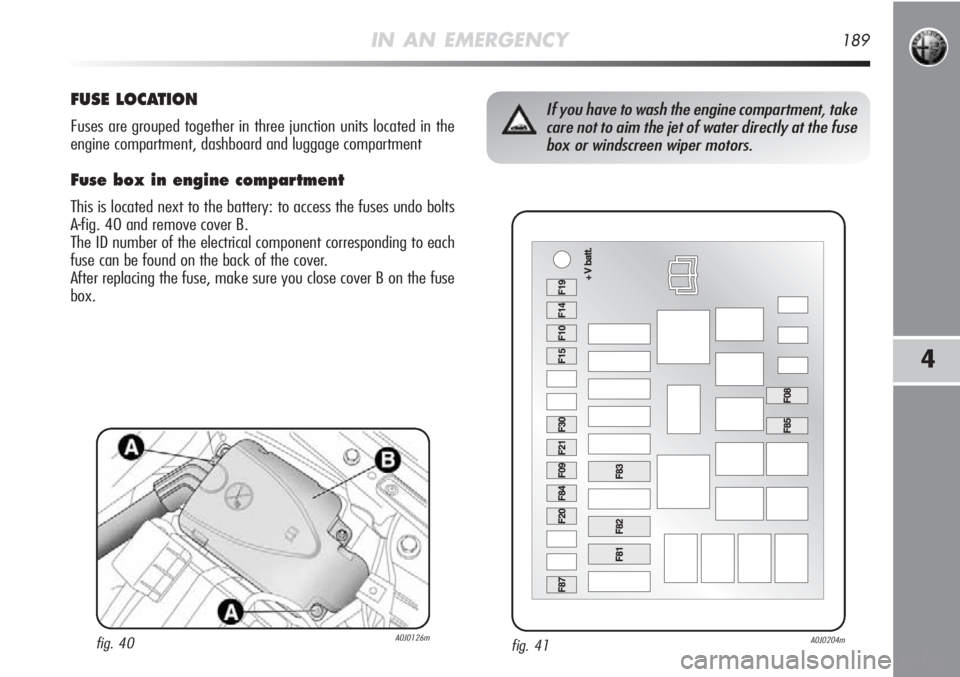 Alfa Romeo MiTo 2011  Owner handbook (in English) IN AN EMERGENCY189
4
fig. 41A0J0204m
If you have to wash the engine compartment, take
care not to aim the jet of water directly at the fuse
box or windscreen wiper motors.FUSE LOCATION
Fuses are group