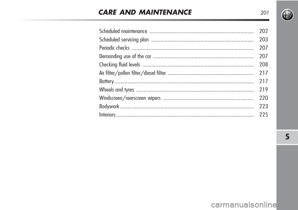 Alfa Romeo MiTo 2012  Owner handbook (in English) CARE AND MAINTENANCE201
5
Scheduled maintenance ...................................................................... 202
Scheduled servicing plan ....................................................