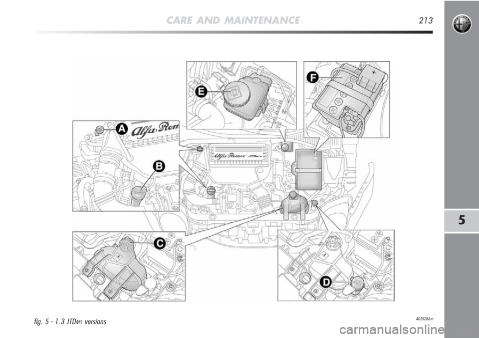 Alfa Romeo MiTo 2012  Owner handbook (in English) CARE AND MAINTENANCE213
5
A0J0286mfig. 5 - 1.3 JTDM-2versions 