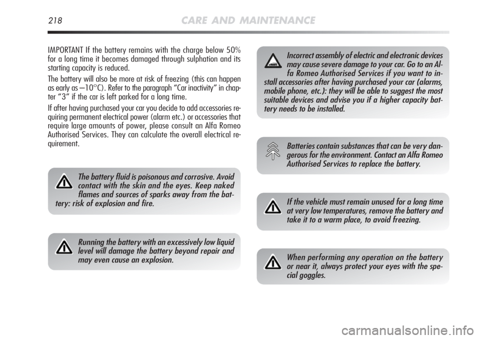 Alfa Romeo MiTo 2011  Owner handbook (in English) 218CARE AND MAINTENANCE
IMPORTANT If the battery remains with the charge below 50%
for a long time it becomes damaged through sulphation and its
starting capacity is reduced.
The battery will also be 