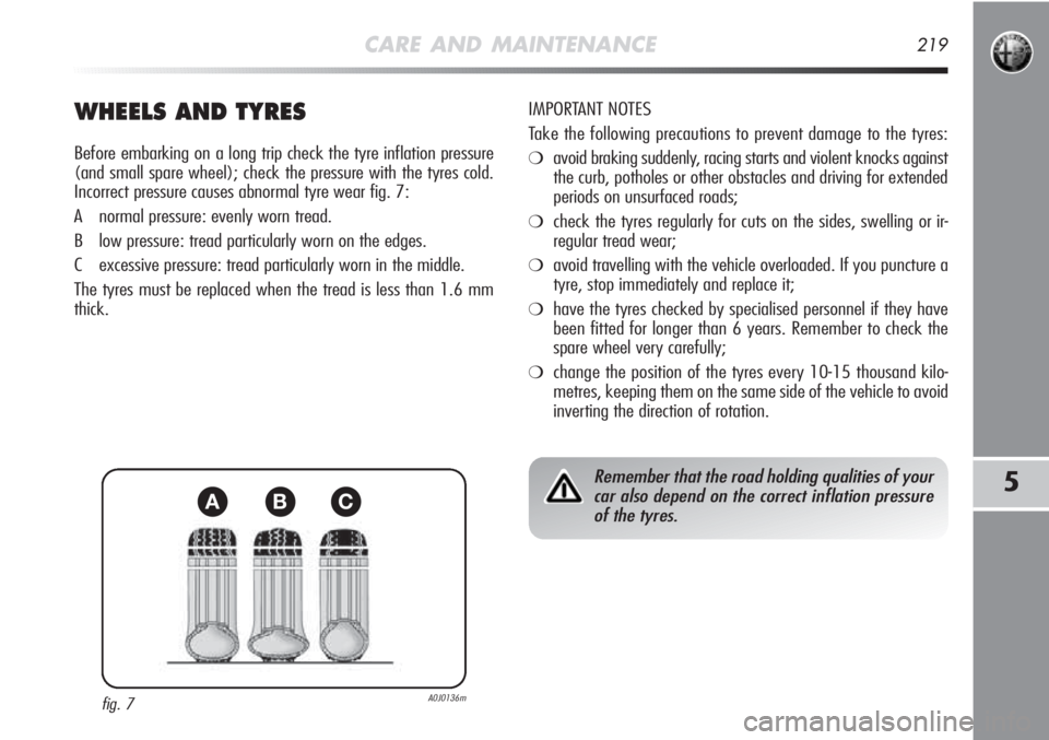 Alfa Romeo MiTo 2011 Owner handbook (in English) CARE AND MAINTENANCE219
5
WHEELS AND TYRES
Before embarking on a long trip check the tyre inflation pressure
(and small spare wheel); check the pressure with the tyres cold.
Incorrect pressure causes Alfa Romeo MiTo 2011 Owner handbook (in English) CARE AND MAINTENANCE219
5
WHEELS AND TYRES
Before embarking on a long trip check the tyre inflation pressure
(and small spare wheel); check the pressure with the tyres cold.
Incorrect pressure causes