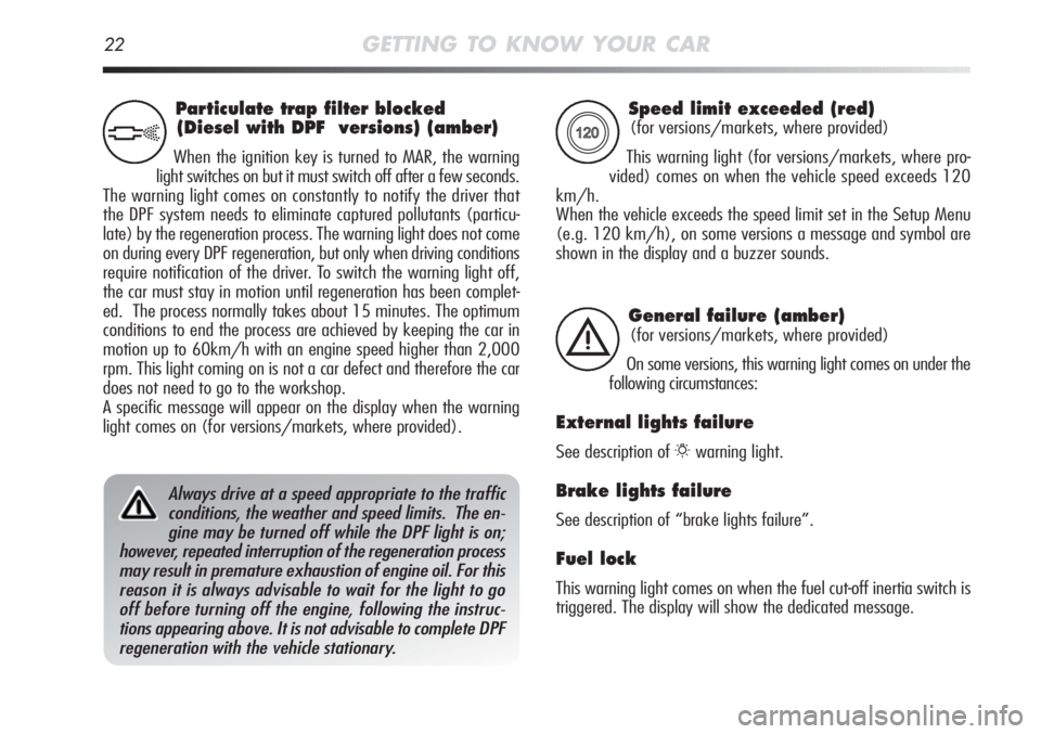 Alfa Romeo MiTo 2011  Owner handbook (in English) 22GETTING TO KNOW YOUR CAR
Speed limit exceeded (red)
(for versions/markets, where provided)
This warning light (for versions/markets, where pro-
vided) comes on when the vehicle speed exceeds 120
km/