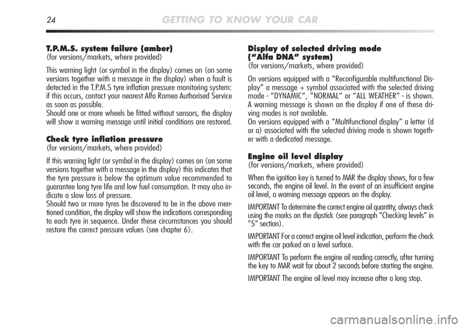 Alfa Romeo MiTo 2012  Owner handbook (in English) 24GETTING TO KNOW YOUR CAR
Display of selected driving mode
(“Alfa DNA” system)
(for versions/markets, where provided)
On versions equipped with a “Reconfigurable multifunctional Dis-
play” a 