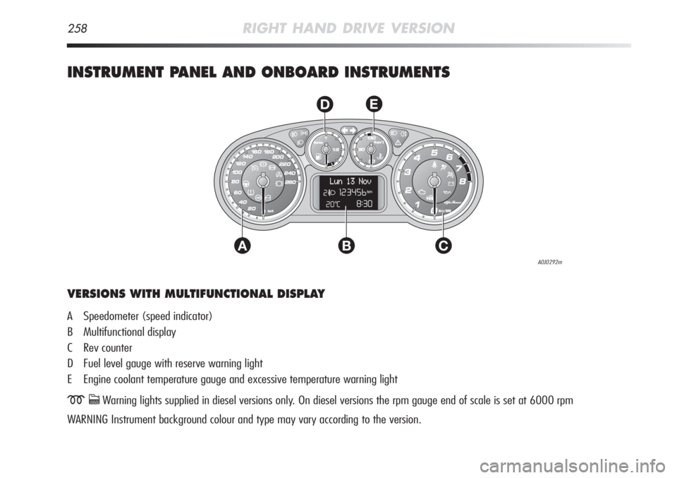 Alfa Romeo MiTo 2012  Owner handbook (in English) 258RIGHT HAND DRIVE VERSION
INSTRUMENT PANEL AND ONBOARD INSTRUMENTS
AC
DE
B
VERSIONS WITH MULTIFUNCTIONAL DISPLAY
A Speedometer (speed indicator)
B Multifunctional display 
C Rev counter
D Fuel level