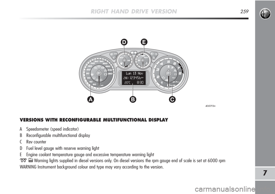 Alfa Romeo MiTo 2012  Owner handbook (in English) RIGHT HAND DRIVE VERSION259
7
AC
DE
B
A0J0293m
VERSIONS WITH RECONFIGURABLE MULTIFUNCTIONAL DISPLAY
A Speedometer (speed indicator)
B Reconfigurable multifunctional display
C Rev counter
D Fuel level 