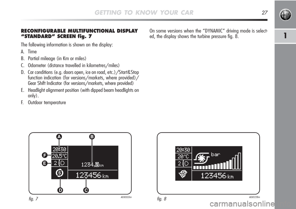 Alfa Romeo MiTo 2011  Owner handbook (in English) GETTING TO KNOW YOUR CAR27
1
RECONFIGURABLE MULTIFUNCTIONAL DISPLAY
“STANDARD” SCREEN fig. 7
The following information is shown on the display:
A. Time
B. Partial mileage (in Km or miles)
C. Odome