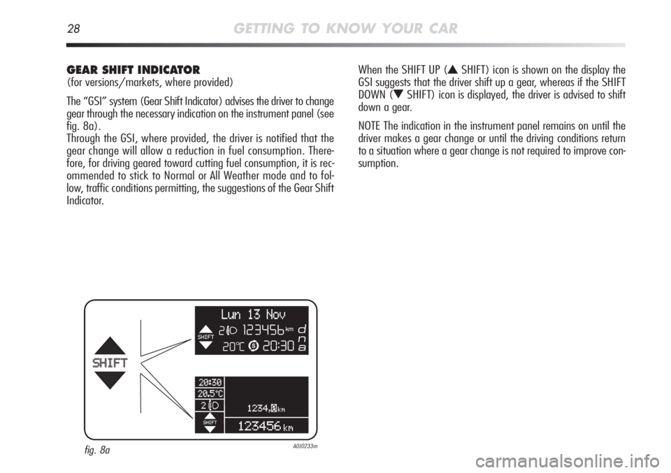 Alfa Romeo MiTo 2011  Owner handbook (in English) 28GETTING TO KNOW YOUR CAR
GEAR SHIFT INDICATOR 
(for versions/markets, where provided)
The “GSI” system (Gear Shift Indicator) advises the driver to change
gear through the necessary indication o