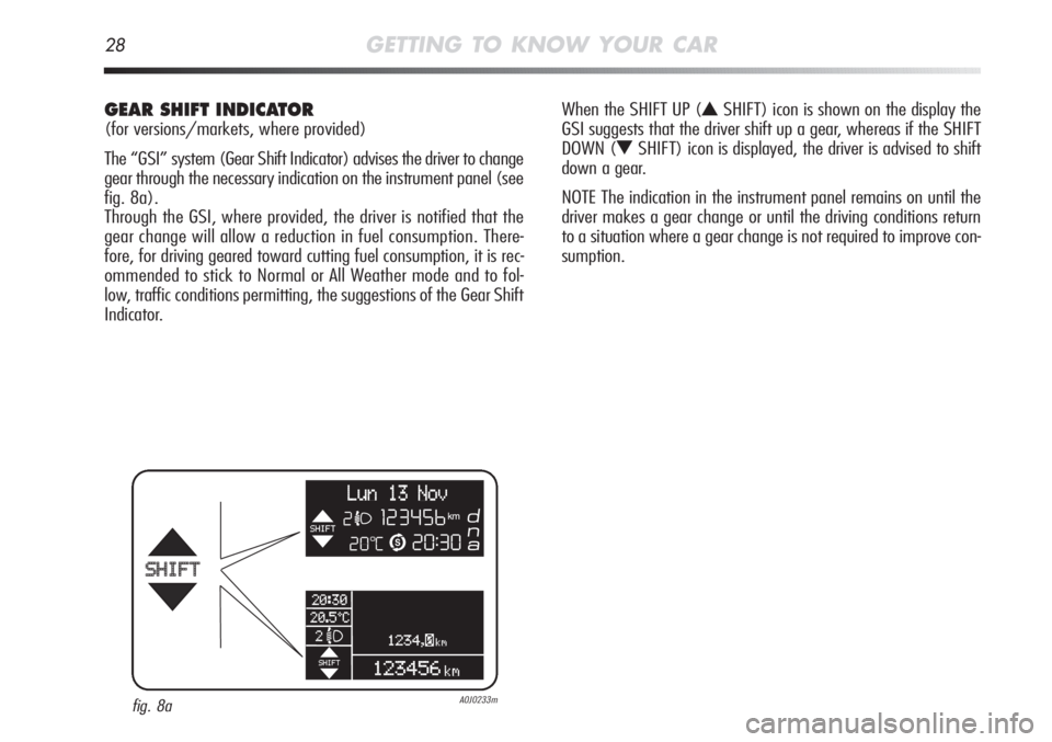 Alfa Romeo MiTo 2012 Owner handbook (in English) 28GETTING TO KNOW YOUR CAR
GEAR SHIFT INDICATOR
(for versions/markets, where provided)
The “GSI” system (Gear Shift Indicator) advises the driver to change
gear through the necessary indication o Alfa Romeo MiTo 2012 Owner handbook (in English) 28GETTING TO KNOW YOUR CAR
GEAR SHIFT INDICATOR
(for versions/markets, where provided)
The “GSI” system (Gear Shift Indicator) advises the driver to change
gear through the necessary indication o
