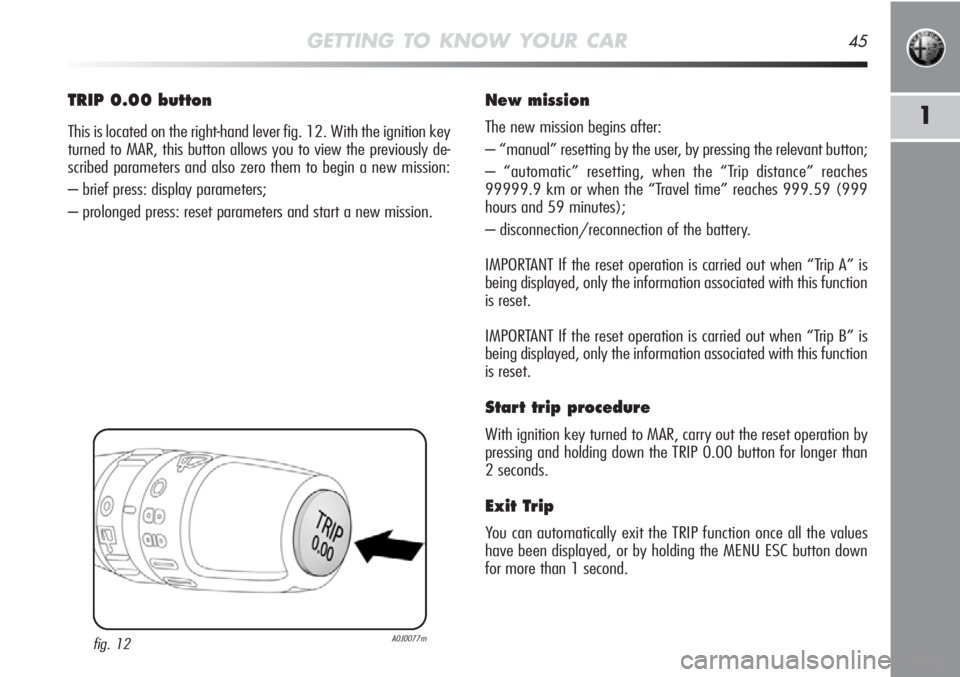 Alfa Romeo MiTo 2011 Owner handbook (in English) GETTING TO KNOW YOUR CAR45
1
TRIP 0.00 button
This is located on the right-hand lever fig. 12. With the ignition key
turned to MAR, this button allows you to view the previously de-
scribed parameter Alfa Romeo MiTo 2011 Owner handbook (in English) GETTING TO KNOW YOUR CAR45
1
TRIP 0.00 button
This is located on the right-hand lever fig. 12. With the ignition key
turned to MAR, this button allows you to view the previously de-
scribed parameter