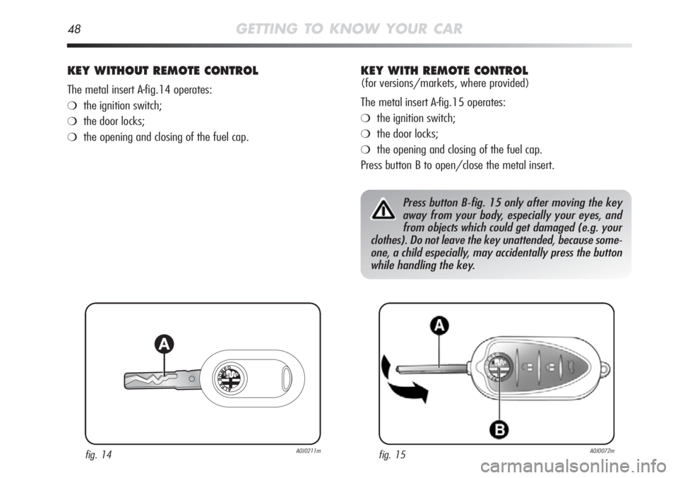 Alfa Romeo MiTo 2012  Owner handbook (in English) 48GETTING TO KNOW YOUR CAR
KEY WITHOUT REMOTE CONTROL
The metal insert A-fig.14 operates:
❍the ignition switch;
❍the door locks;
❍the opening and closing of the fuel cap.
fig. 14A0J0211mfig. 15A