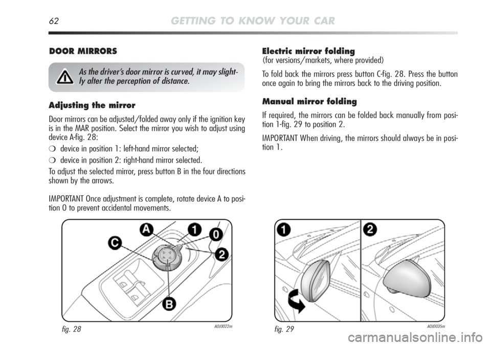 Alfa Romeo MiTo 2012  Owner handbook (in English) 62GETTING TO KNOW YOUR CAR
Electric mirror folding 
(for versions/markets, where provided)
To fold back the mirrors press button C-fig. 28. Press the button
once again to bring the mirrors back to the
