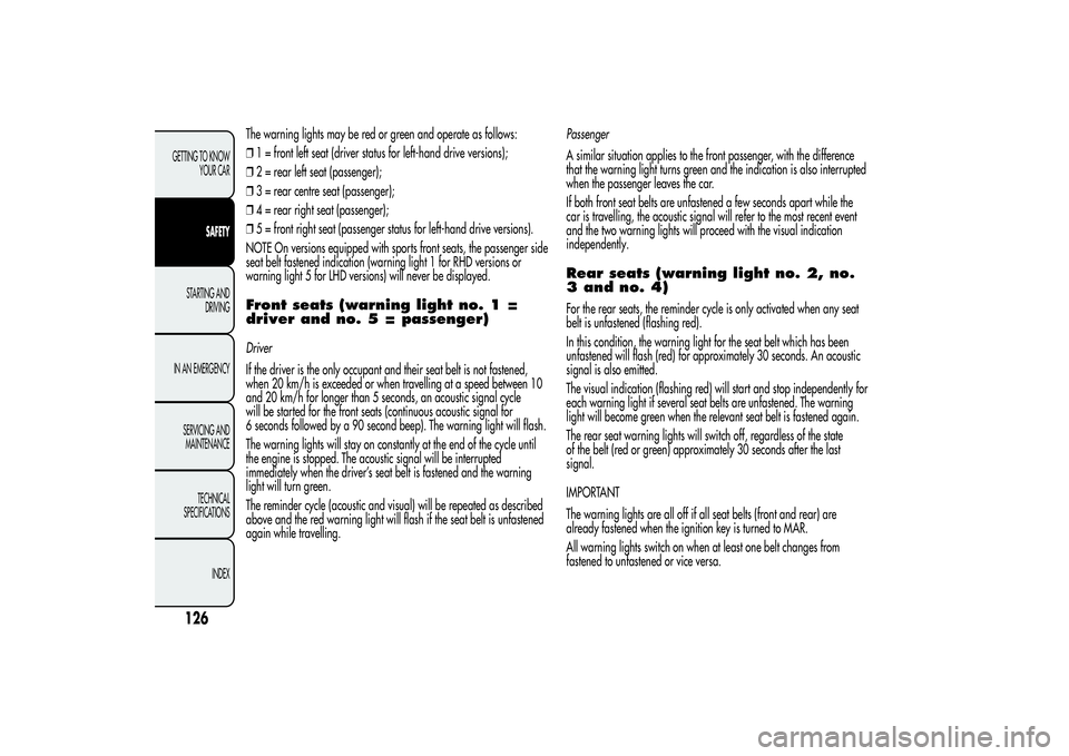 Alfa Romeo MiTo 2013 Owner handbook (in English) The warning lights may be red or green and operate as follows:
❒1 = front left seat (driver status for left-hand drive versions);
❒2 = rear left seat (passenger);
❒3 = rear centre seat (passenge Alfa Romeo MiTo 2013 Owner handbook (in English) The warning lights may be red or green and operate as follows:
❒1 = front left seat (driver status for left-hand drive versions);
❒2 = rear left seat (passenger);
❒3 = rear centre seat (passenge