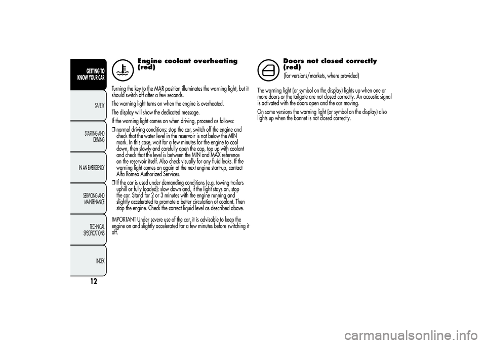 Alfa Romeo MiTo 2013 Owner handbook (in English) Engine coolant overheating
(red)
Turning the key to the MAR position illuminates the warning light, but it
should switch off after a few seconds.
The warning light turns on when the engine is overheat Alfa Romeo MiTo 2013 Owner handbook (in English) Engine coolant overheating
(red)
Turning the key to the MAR position illuminates the warning light, but it
should switch off after a few seconds.
The warning light turns on when the engine is overheat